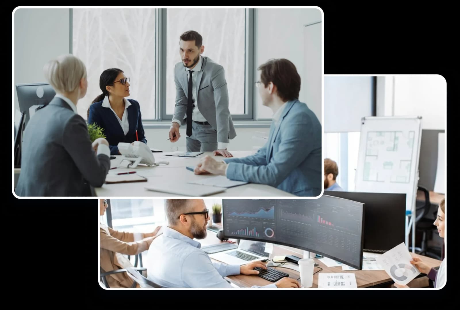 A team meeting around a conference table, layered over an open-plan office where engineers monitor dashboards