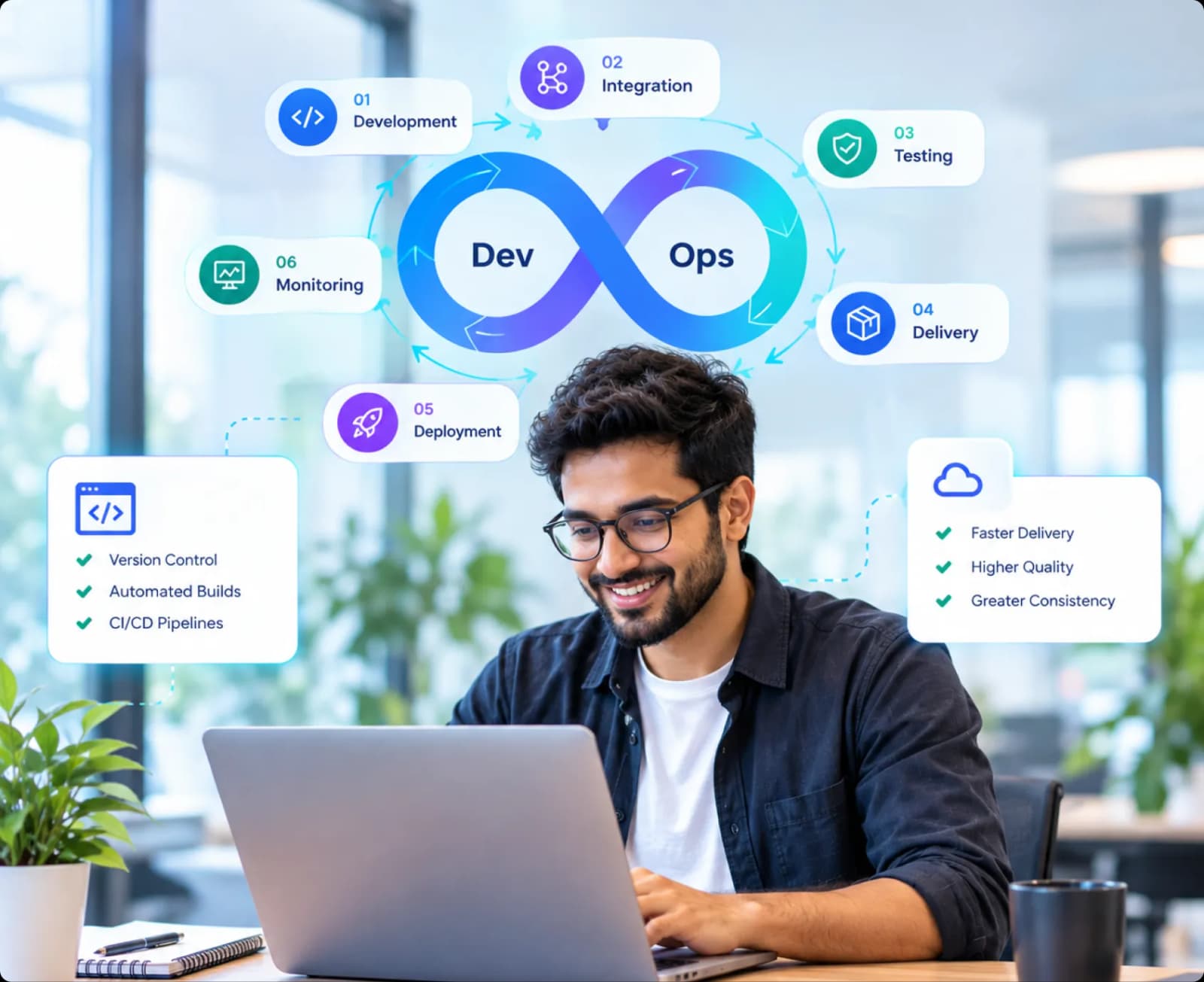 A smiling developer at a laptop beside a DevOps loop of development, integration, testing, delivery, deployment and monitoring