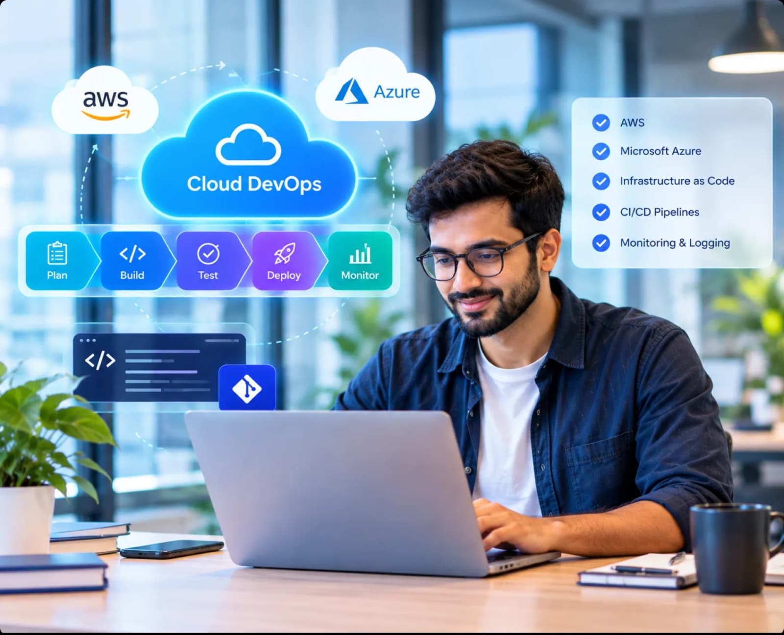 A cloud engineer working at a laptop with cloud deployment workflows