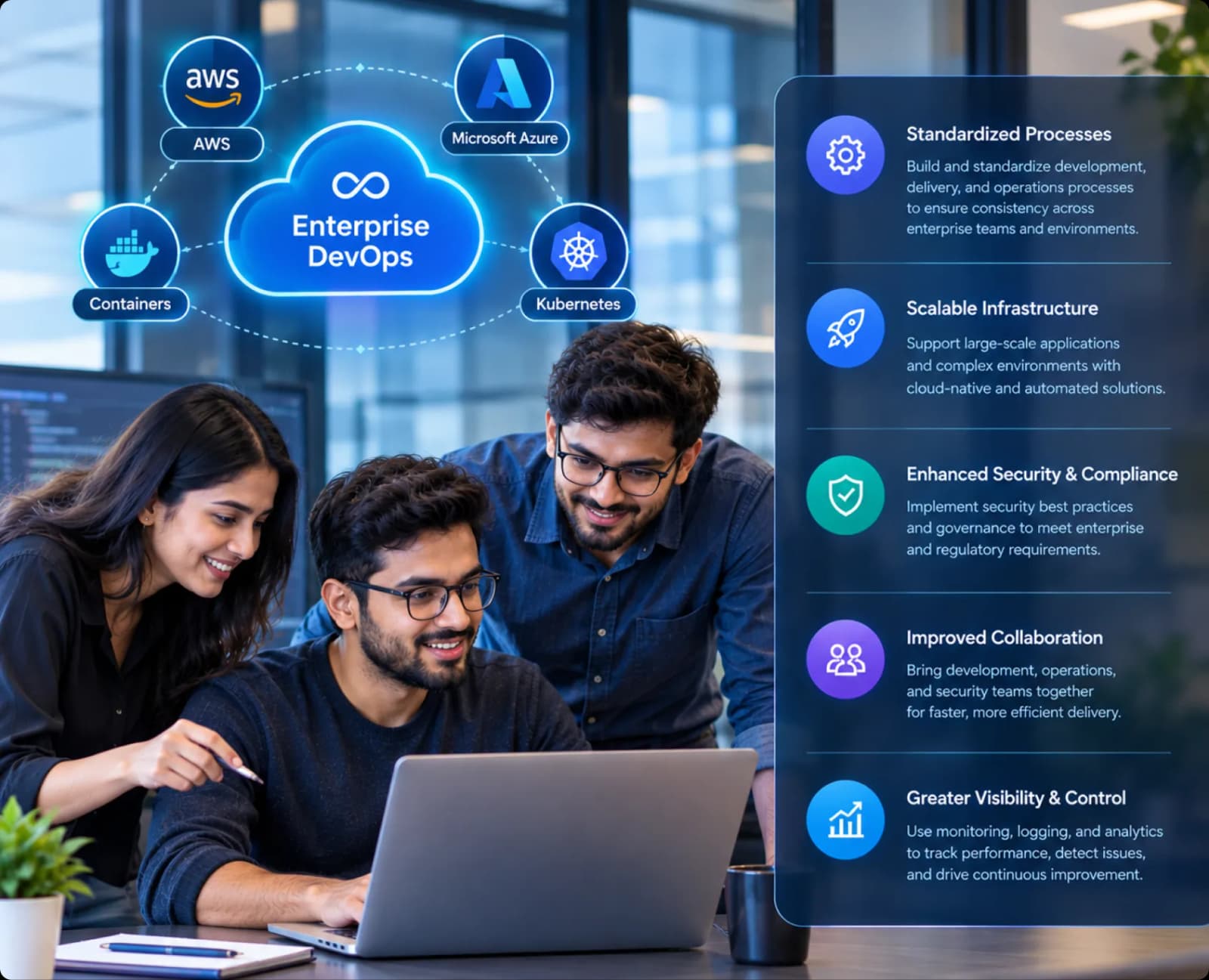 An enterprise team collaborating around shared DevOps delivery dashboards