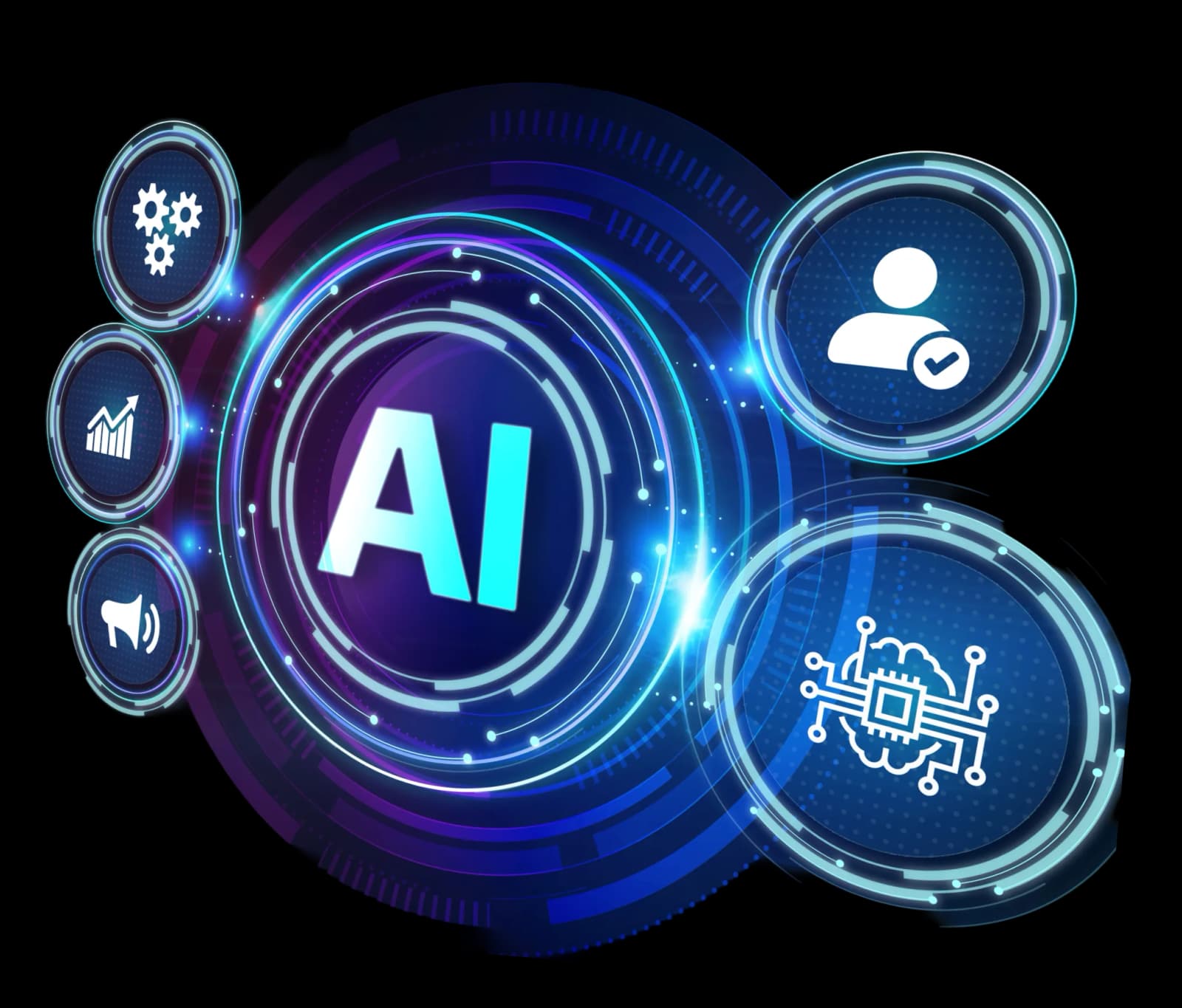 A glowing AI emblem ringed by icons for automation, analytics, communication, users and machine learning