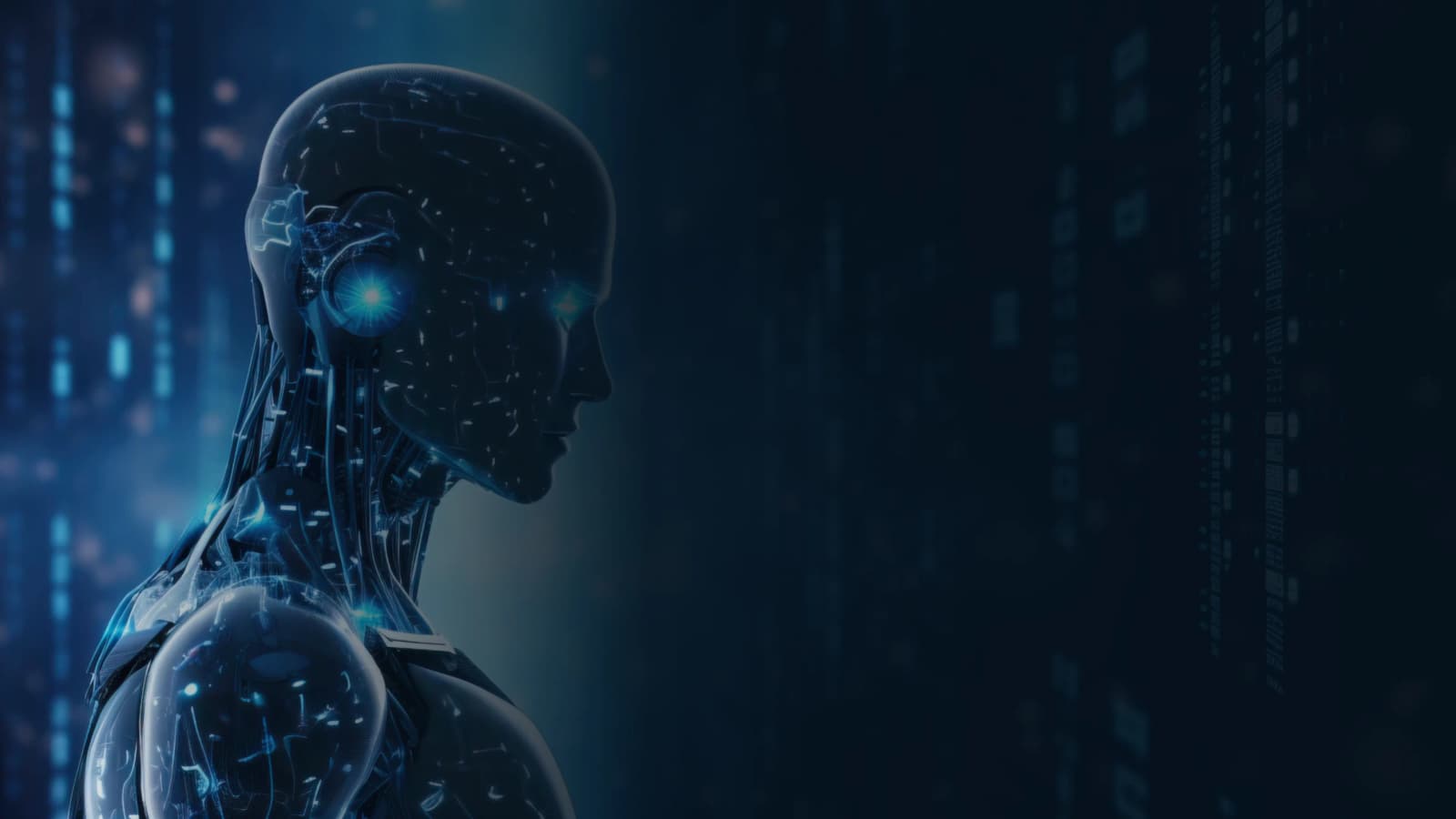 Profile of a translucent humanoid AI figure with glowing circuitry against streams of blue data