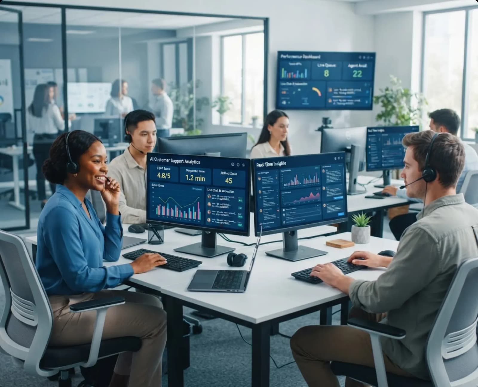 Customer support agents wearing headsets at desks with live support analytics dashboards