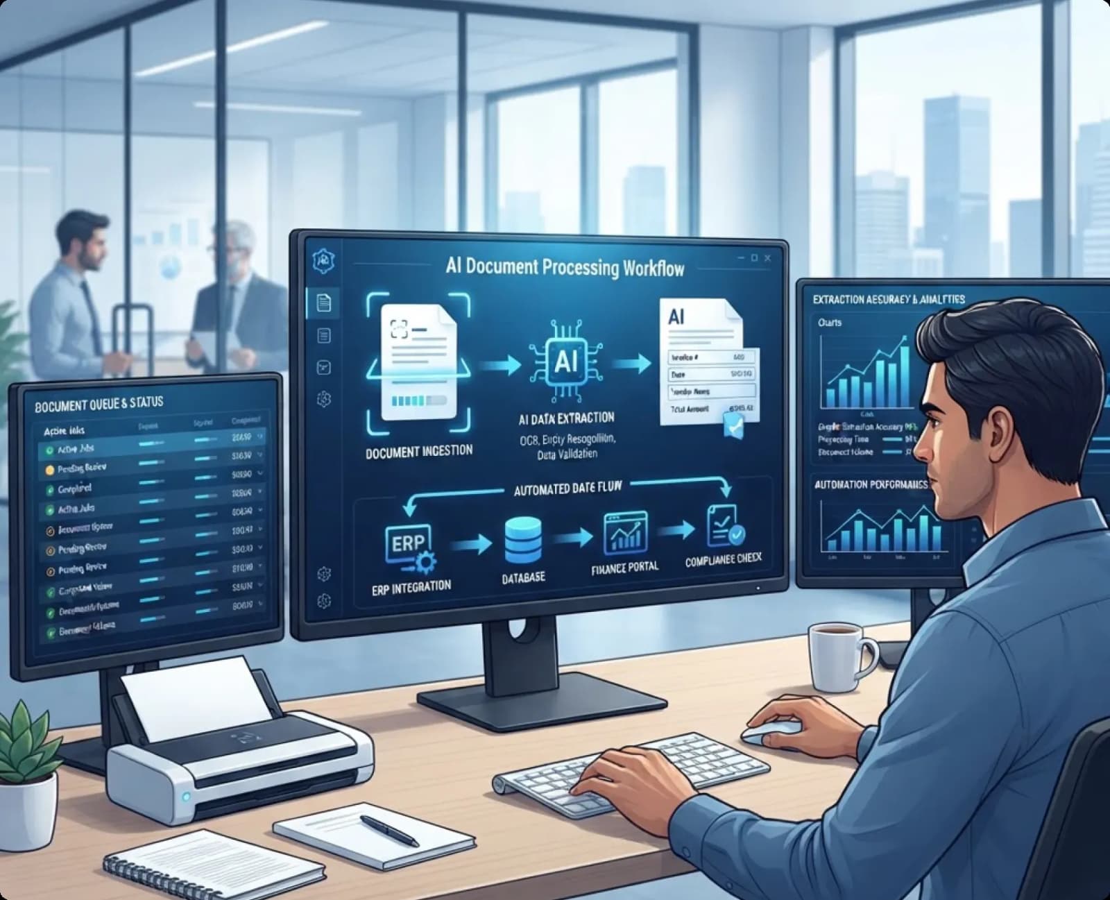 Documents being scanned and their key fields extracted by an AI document processing tool