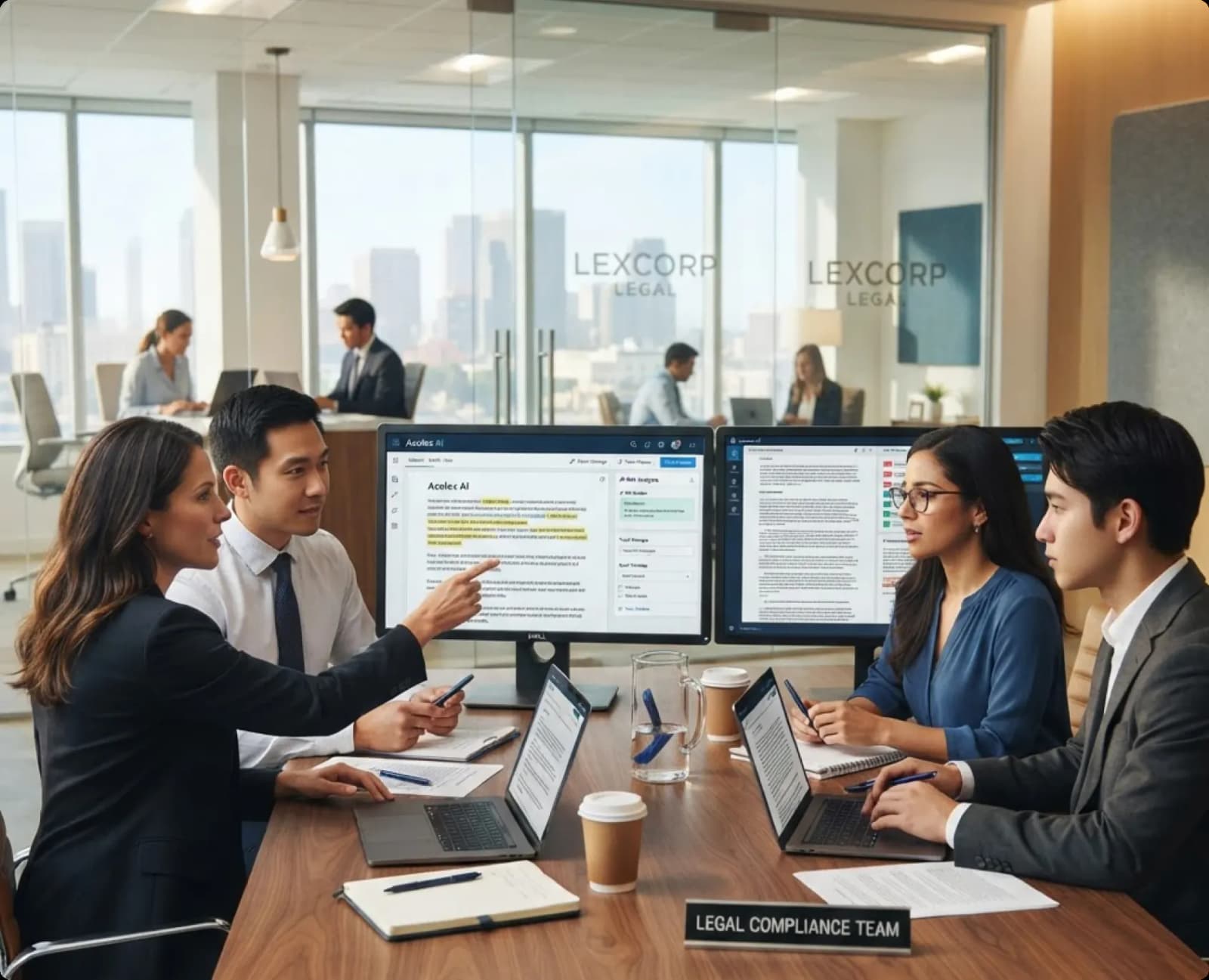 A legal professional reviewing contract clauses highlighted by an AI review tool