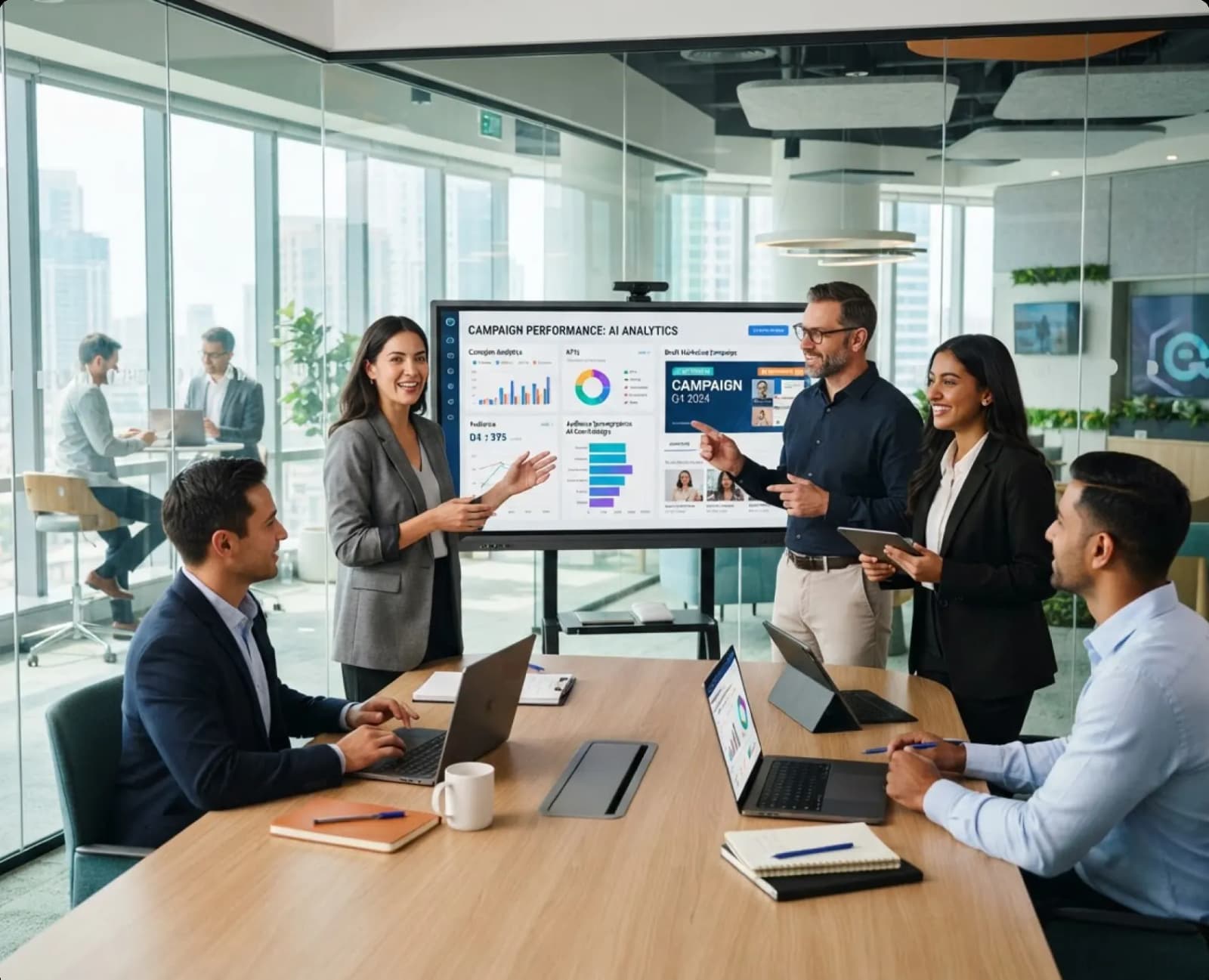 A sales and marketing team working with AI-generated content and campaign insights
