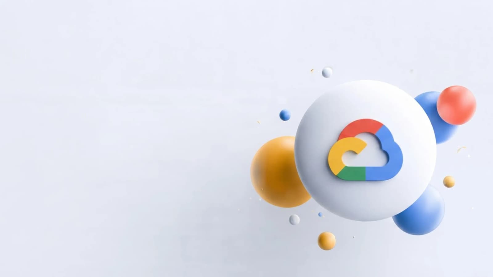 The Google Cloud logo on a white sphere, surrounded by floating orange, blue and red spheres