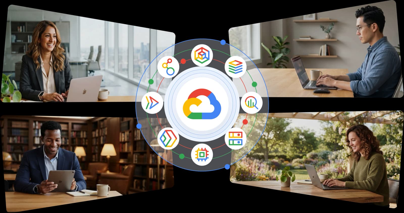 Four professionals working on laptops and a tablet around a ring of Google Cloud product icons with the Google Cloud logo at its centre