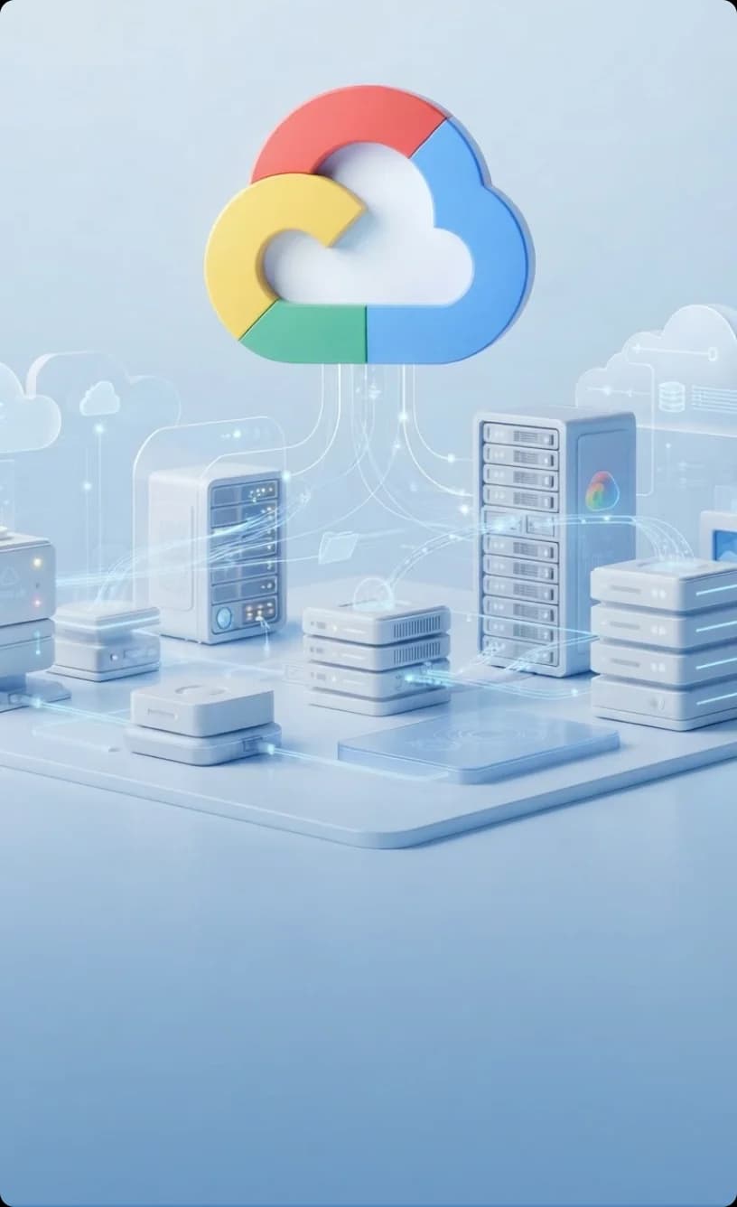 The Google Cloud logo above an isometric illustration of server racks on a pale blue platform