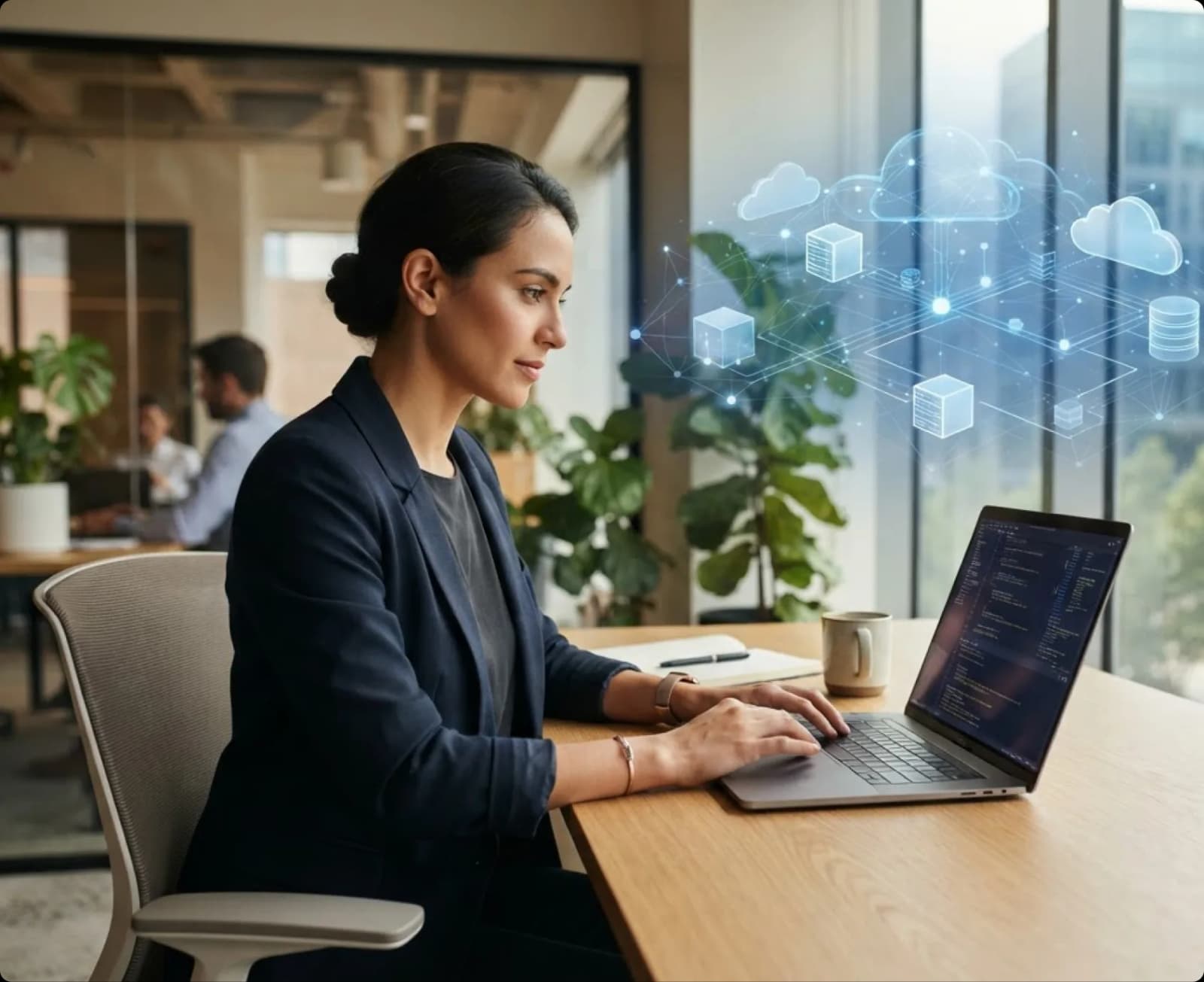 A professional working on a laptop in a bright office, with illustrated cloud and data icons floating beside the window