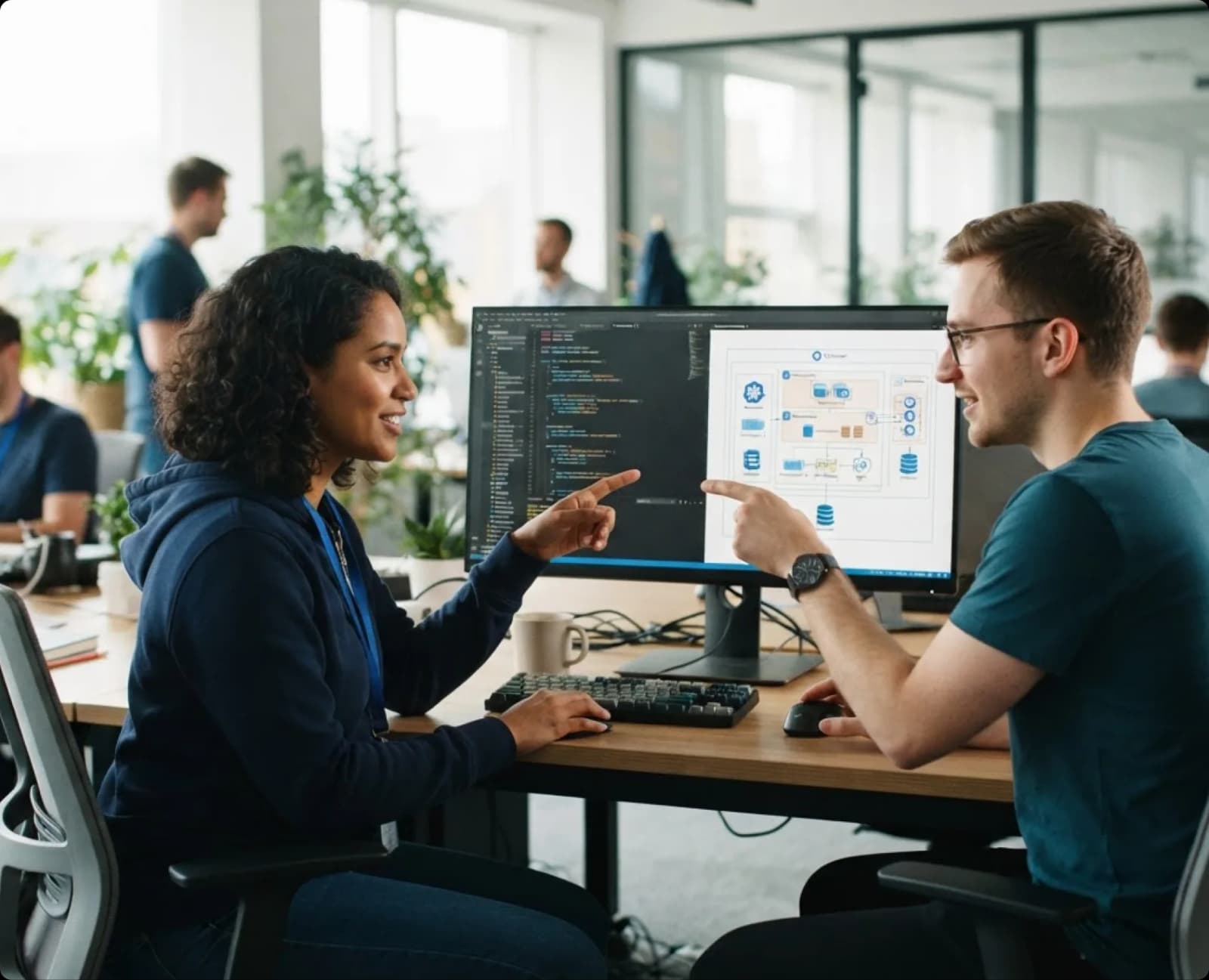 Two developers at a desk discussing code and an architecture diagram on a monitor