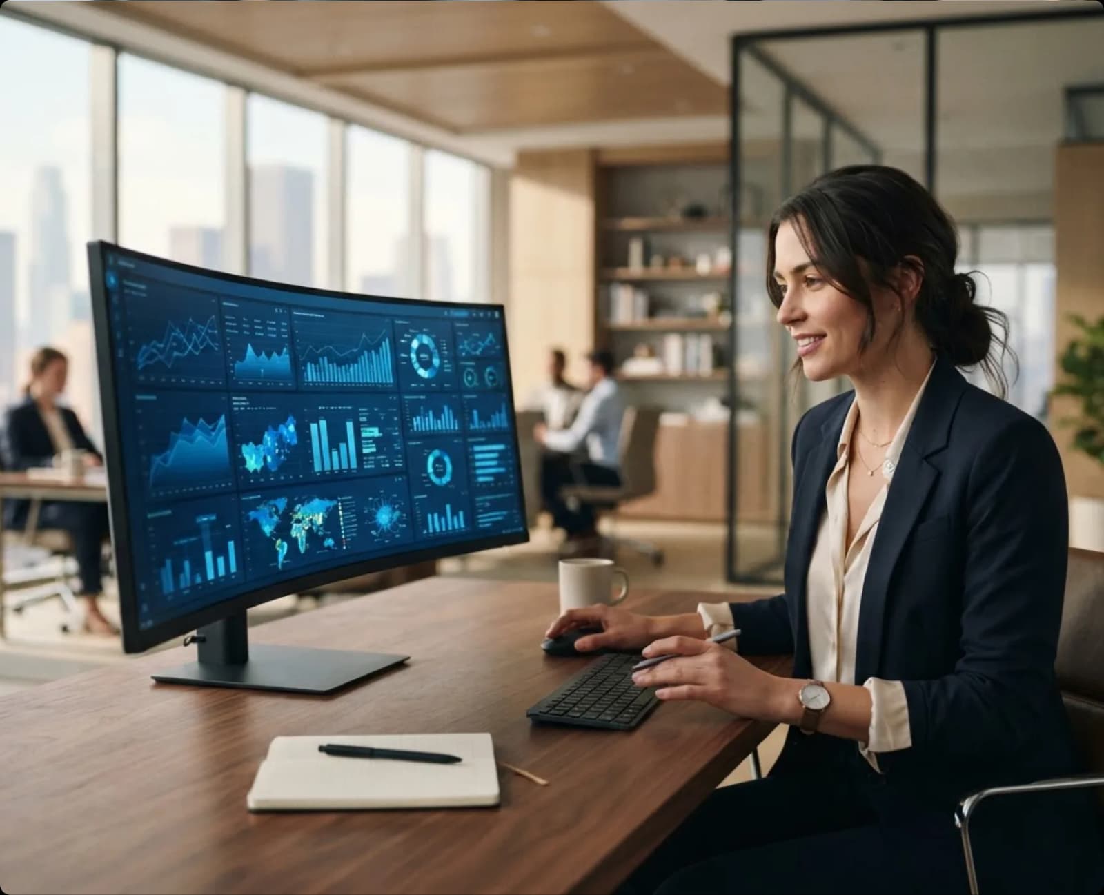 A professional working at a curved monitor showing analytics dashboards and charts