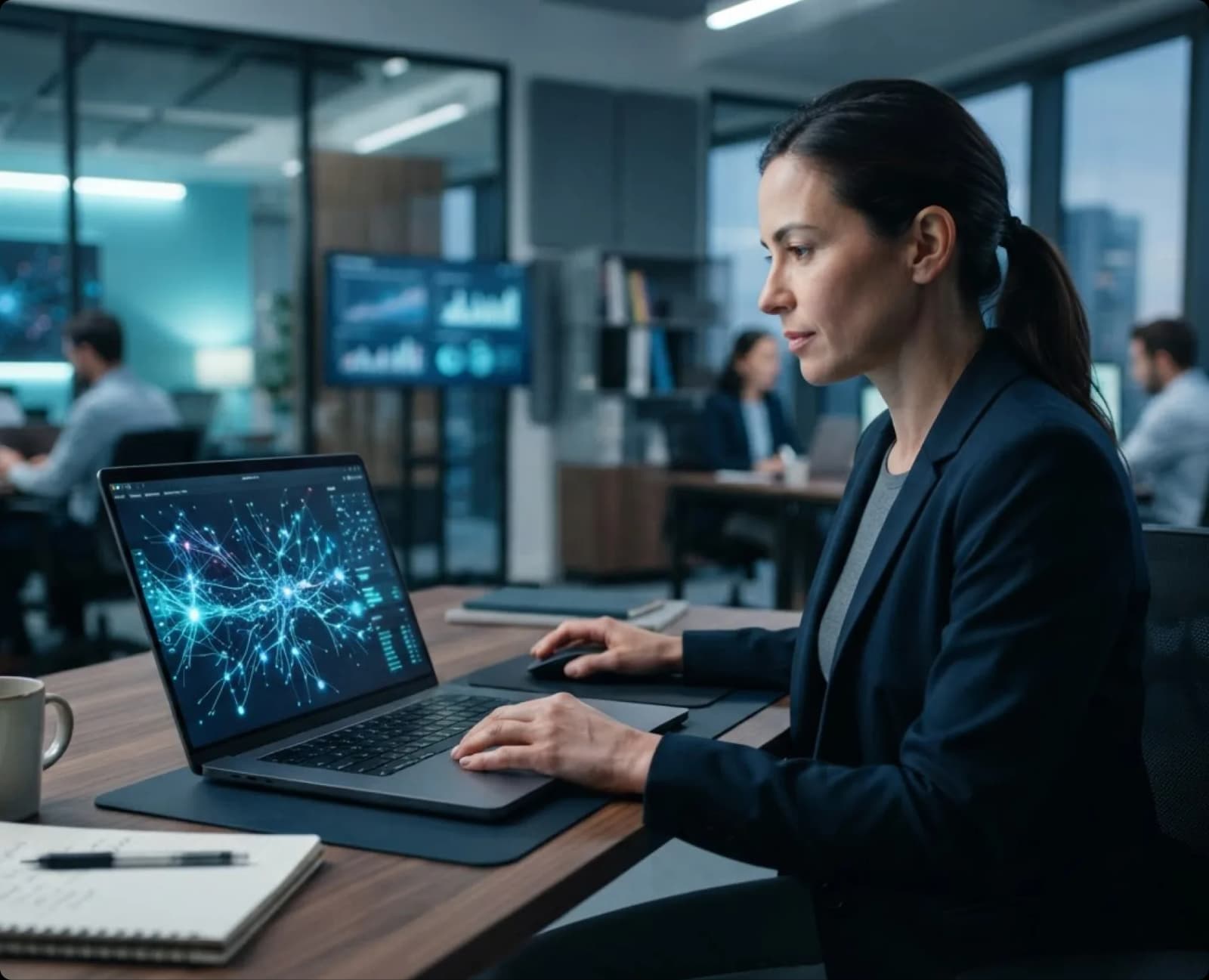 A professional working on a laptop that shows a glowing network visualisation