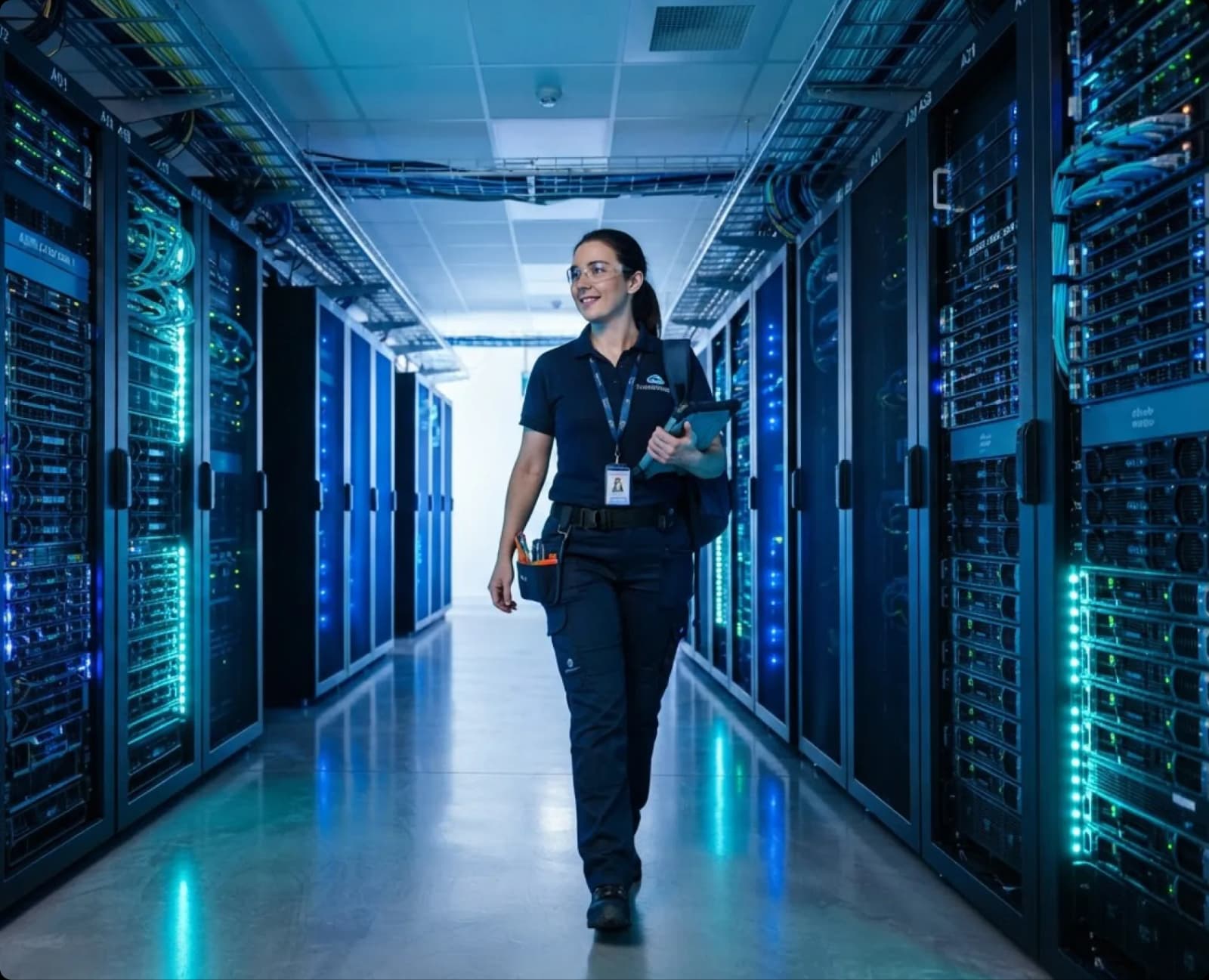An engineer with a tablet walking between server racks in a data centre