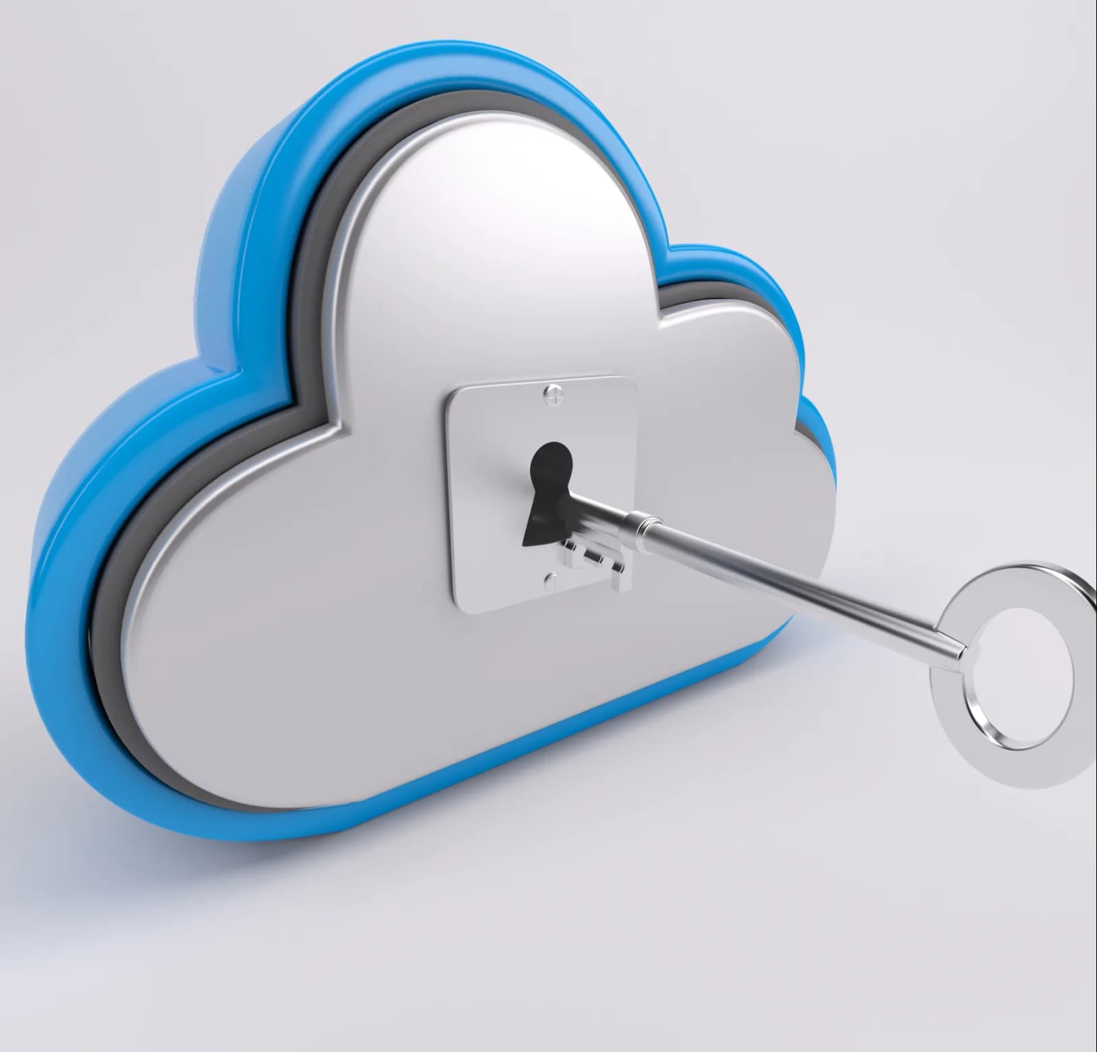 A key in the lock of a metallic cloud shape outlined in blue