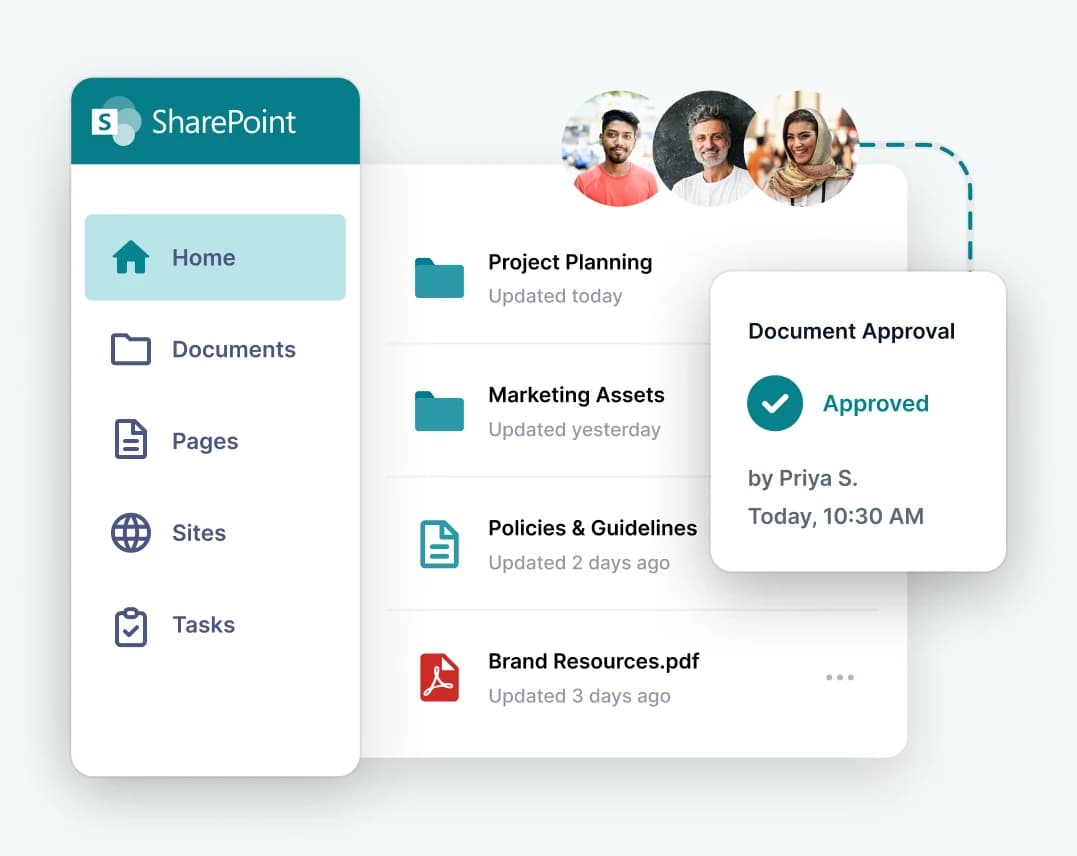 SharePoint site navigation beside document folders and an approved document-approval card