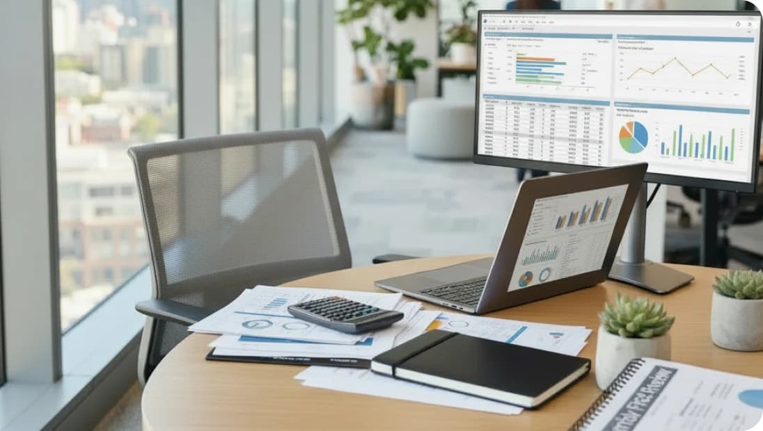 A desk with a laptop, tablet and paperwork in front of monitors showing financial dashboards