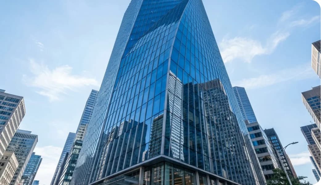 Glass office towers seen from street level against a blue sky