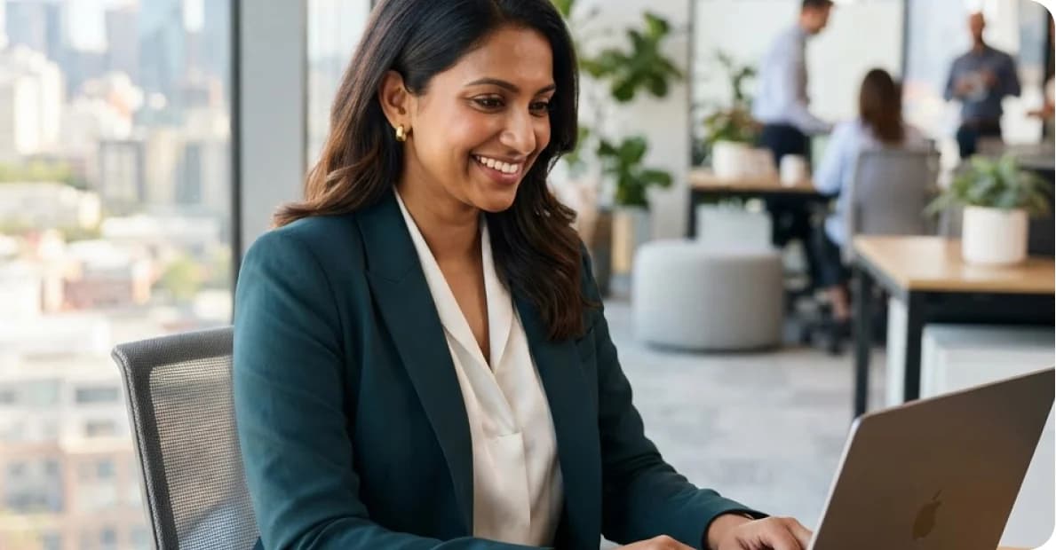 A smiling professional working on a laptop in a bright open-plan office