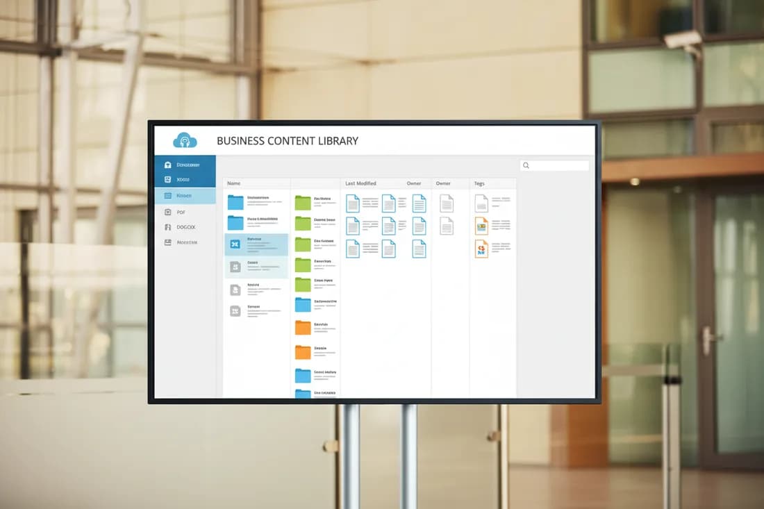 A wall display showing a SharePoint business content library