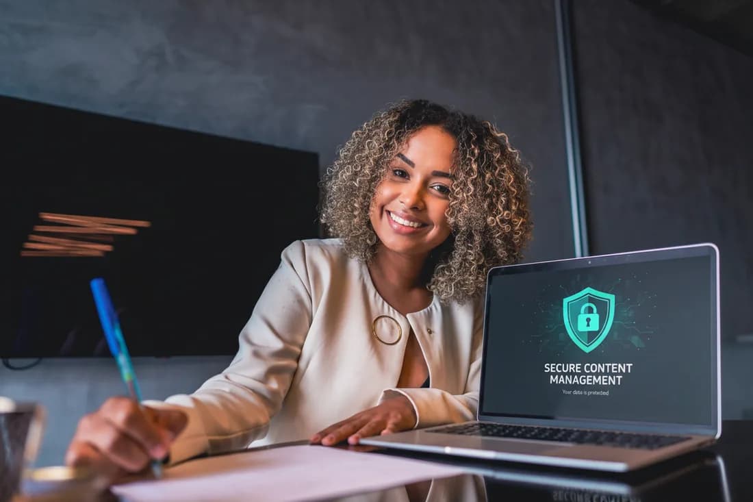 A woman at a laptop showing a secure content management padlock screen