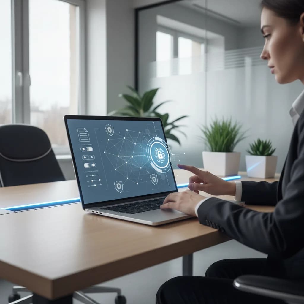 A person organizing documents on a laptop