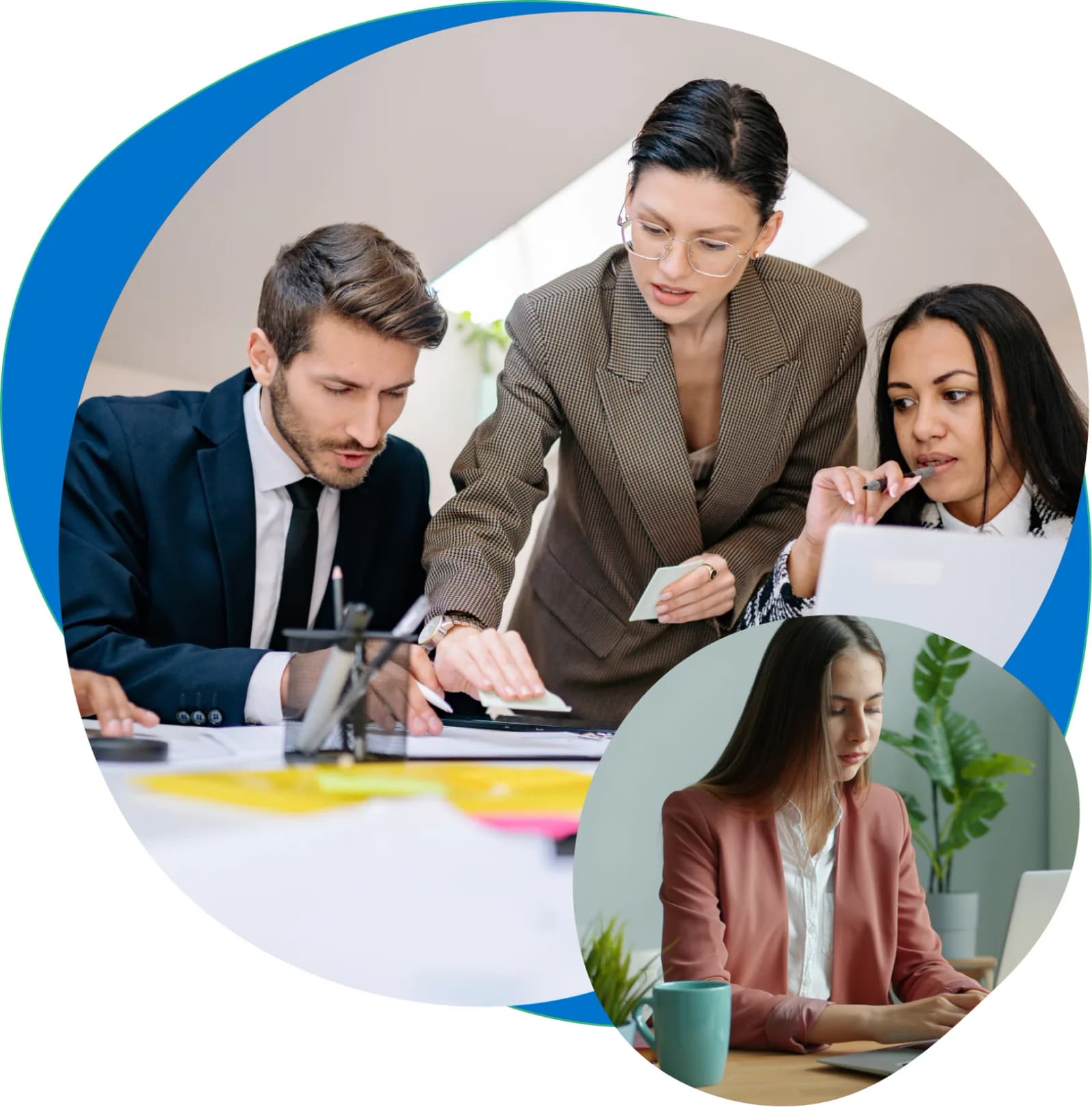 Three colleagues reviewing documents together, with a second inset photo of a woman working at a laptop