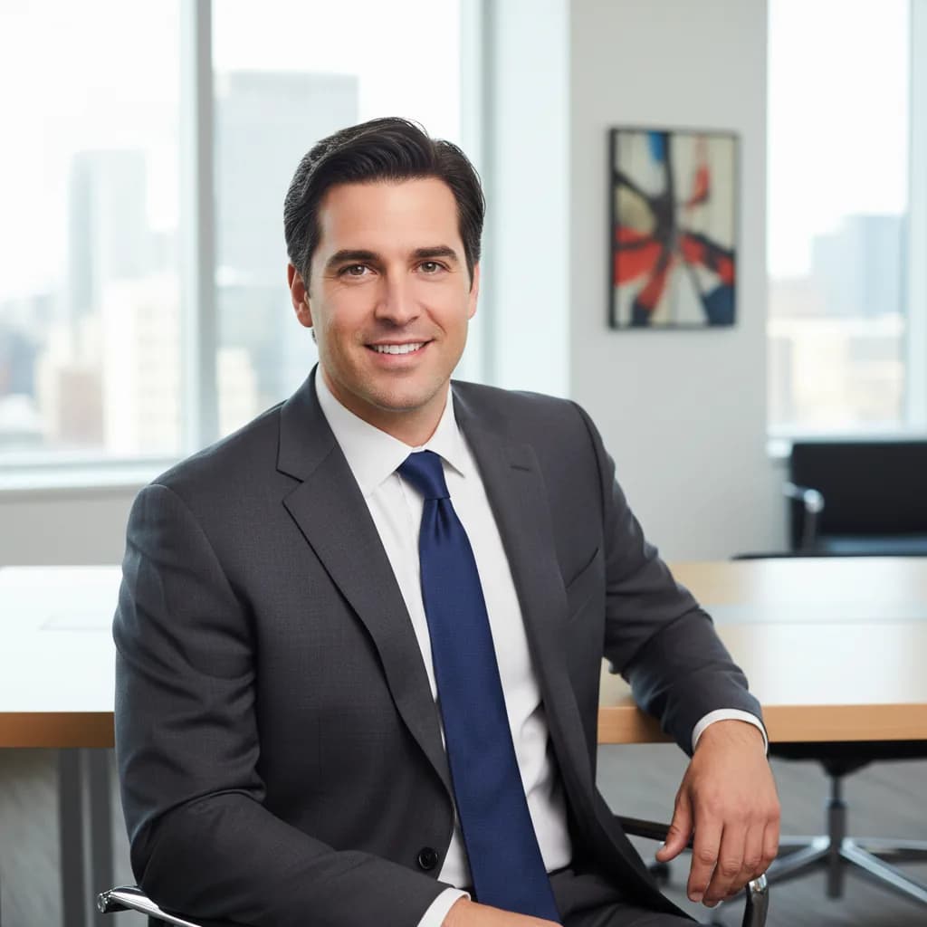 A consultant in a suit seated at a desk in a city-view office