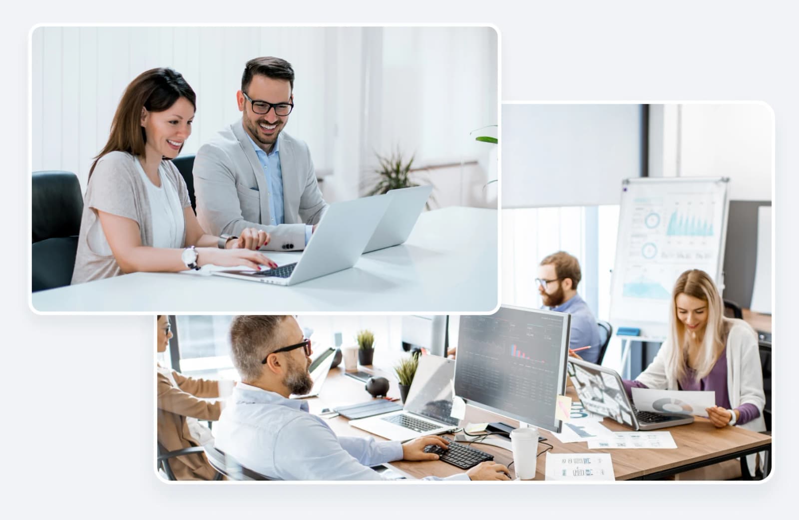 Two colleagues reviewing data on a laptop, layered over an open-plan office where a team works on analytics dashboards