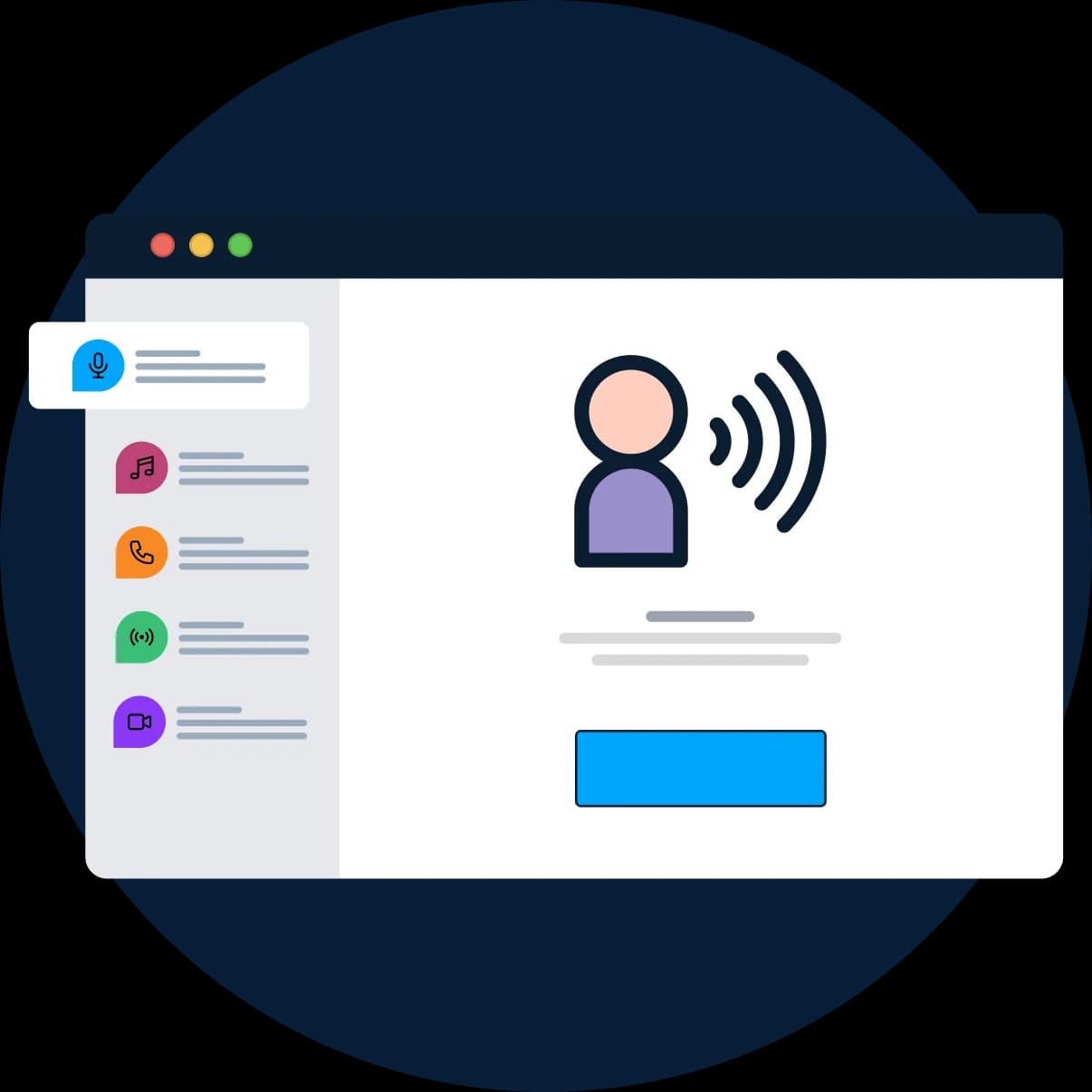 Illustration of a web application window with a sidebar of contacts and a user profile, on a pale blue circle