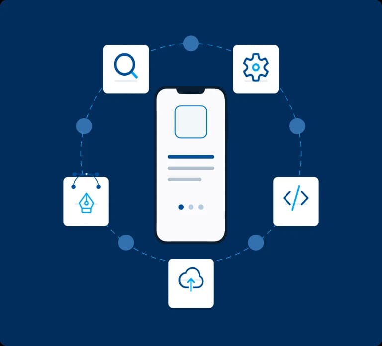 Illustration of a phone screen surrounded by search, settings, code, design and cloud icons on a ring