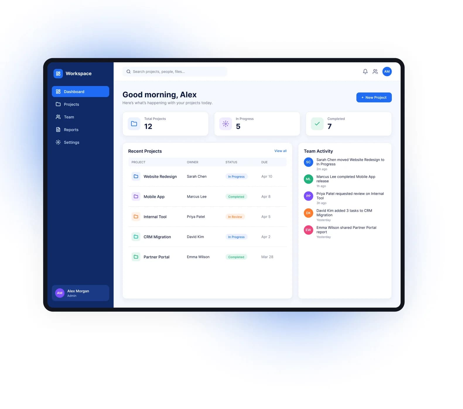 A project workspace dashboard with project counts, a recent projects table and team activity