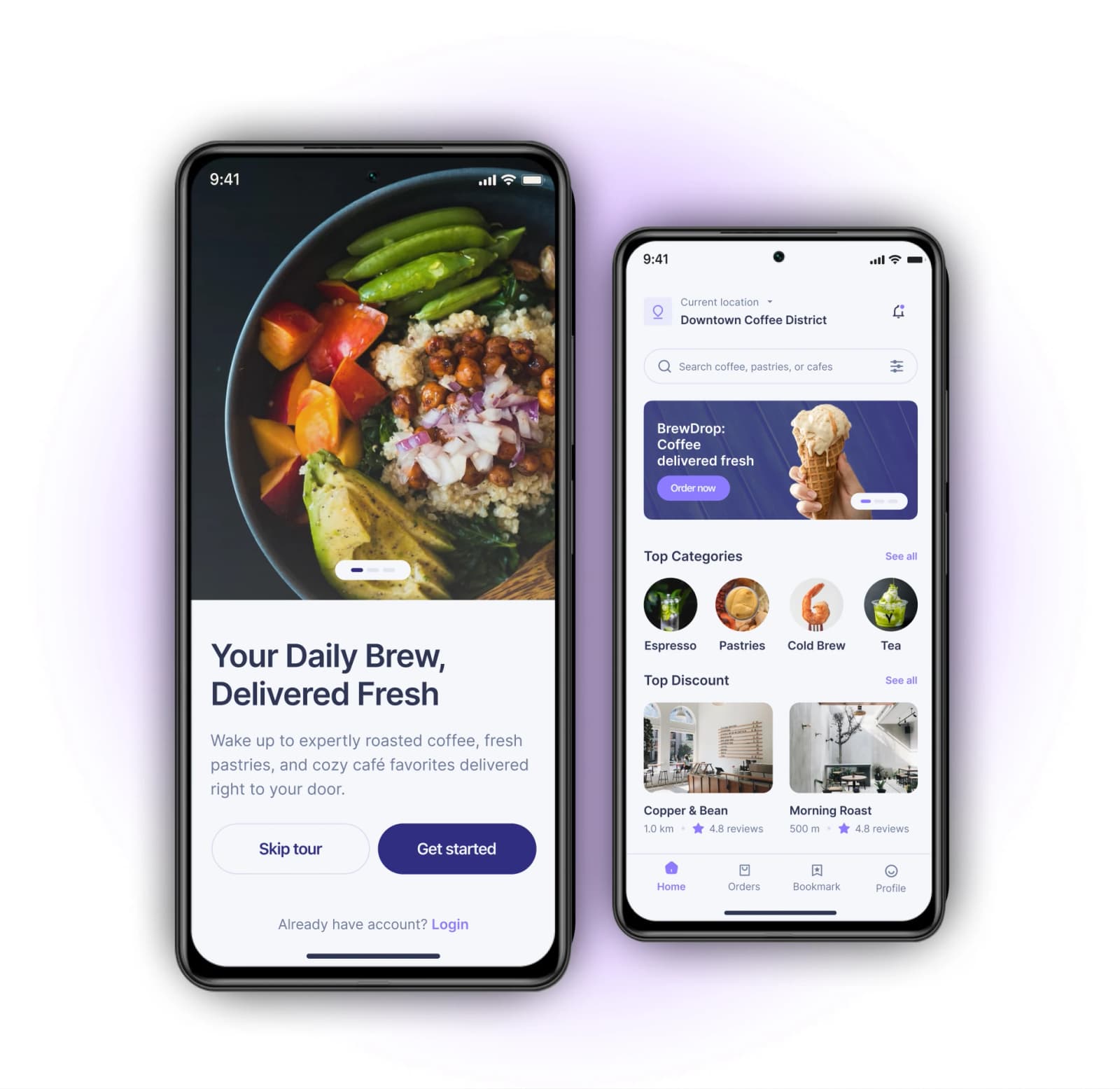 Coffee ordering app shown on an iPhone and an Android handset