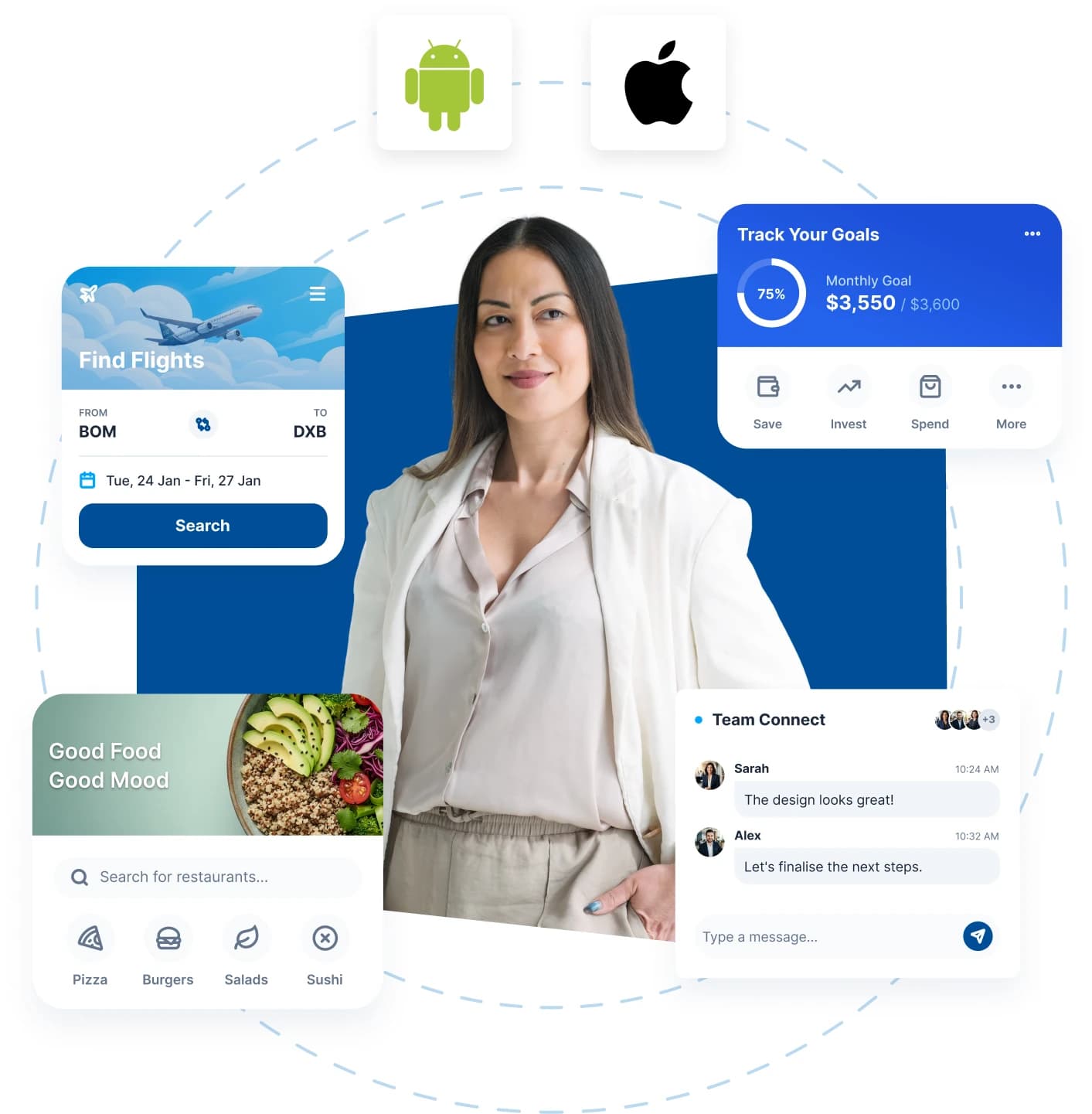 Android and iOS app interfaces for flight booking, food delivery, savings goals and team messaging