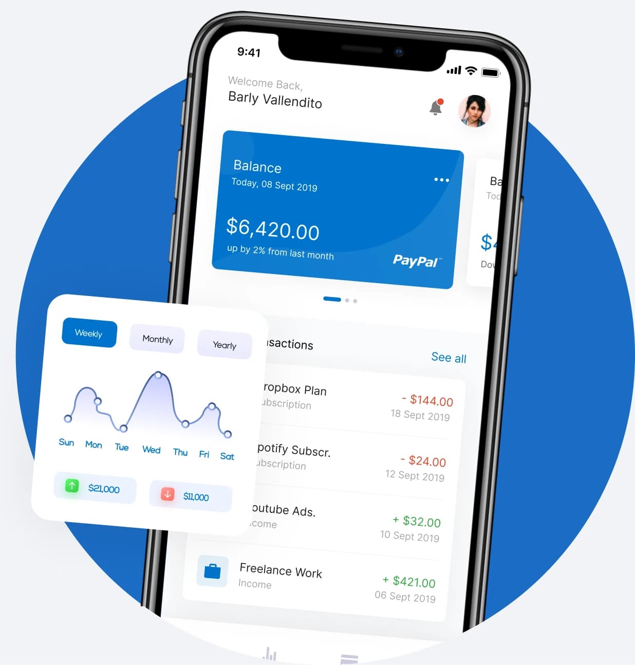 Mobile banking app showing account balance, spending chart and recent transactions