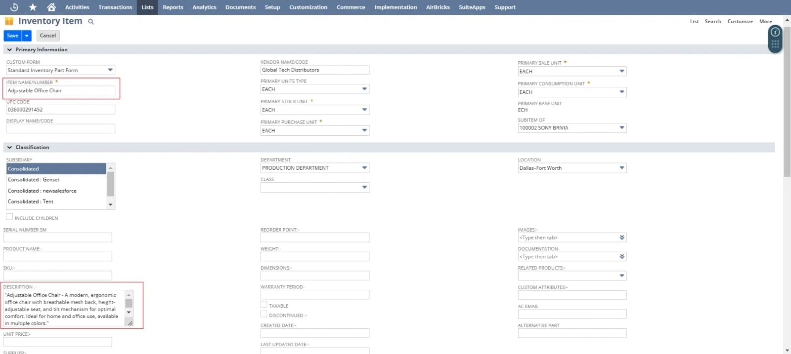 Define attributes like item name, number, description, vendor, tax schedule, etc.