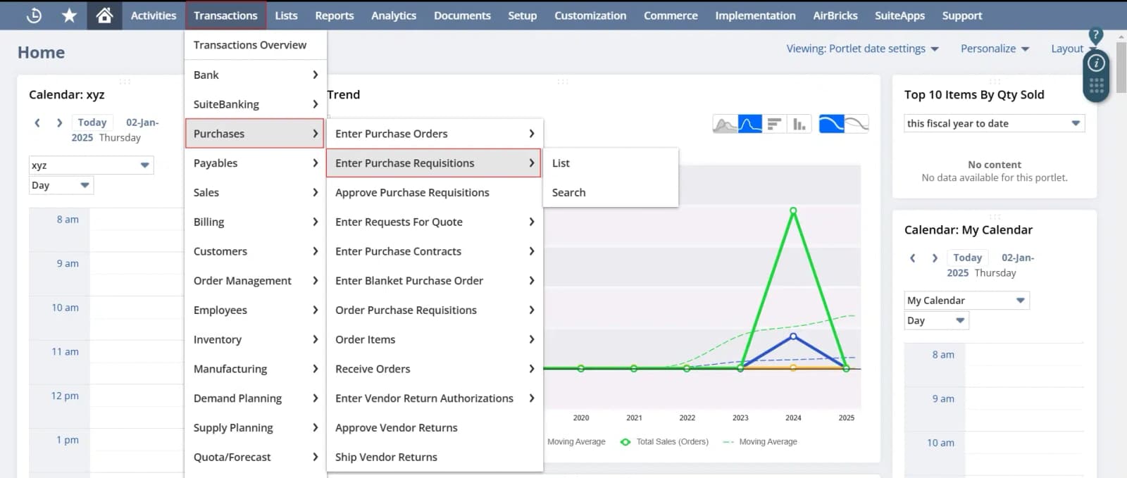 Go to Transactions > Purchases > Enter Requisition > New.
