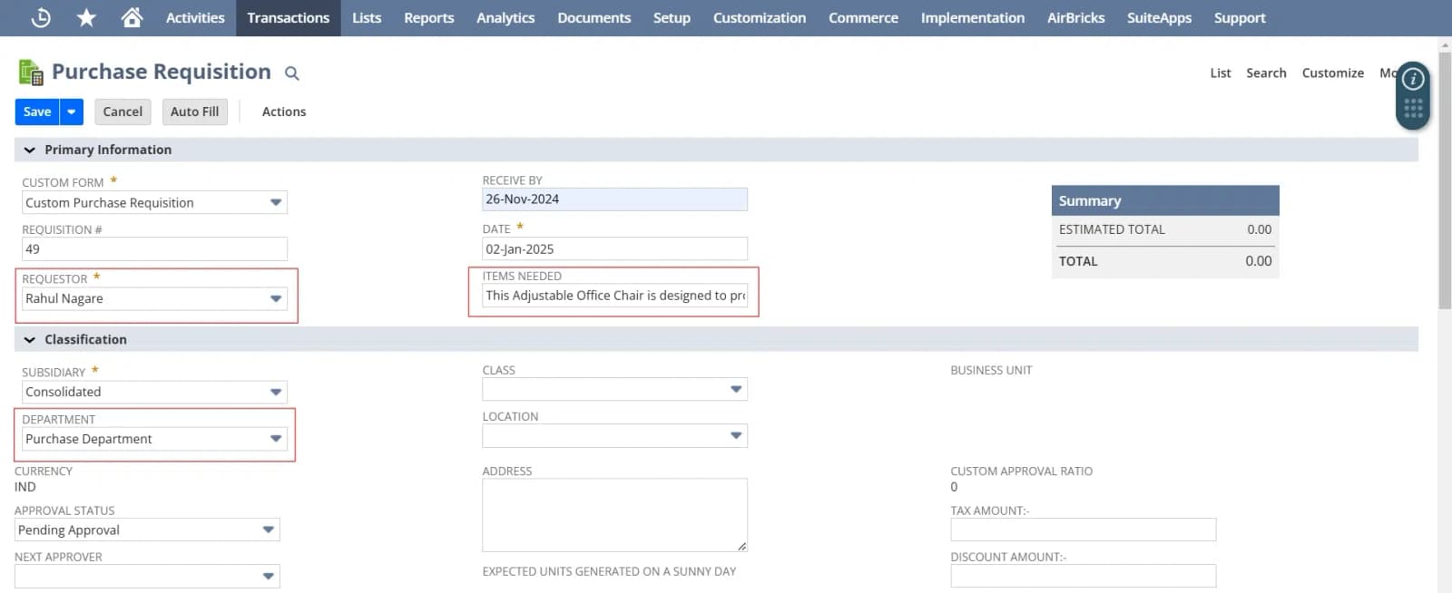 Fill in the necessary fields, such as the requestor’s name, department, and the items needed.