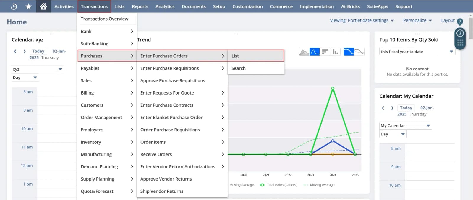 Navigate to Transactions > Purchase > Enter Purchase Order > List.