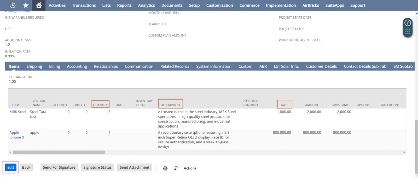 Editable Fields like quantity, price and description of Item.