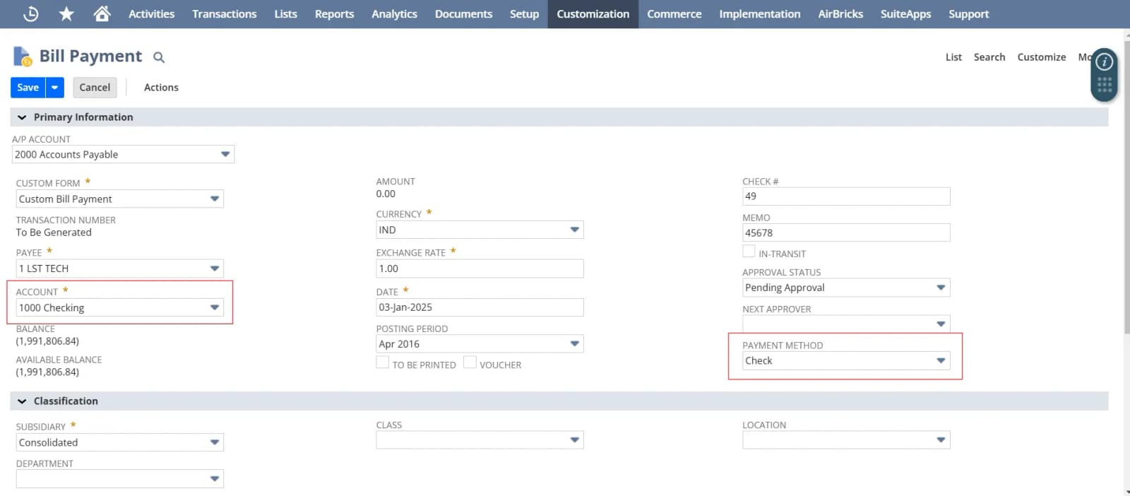 Select the correct payables account & payment method.