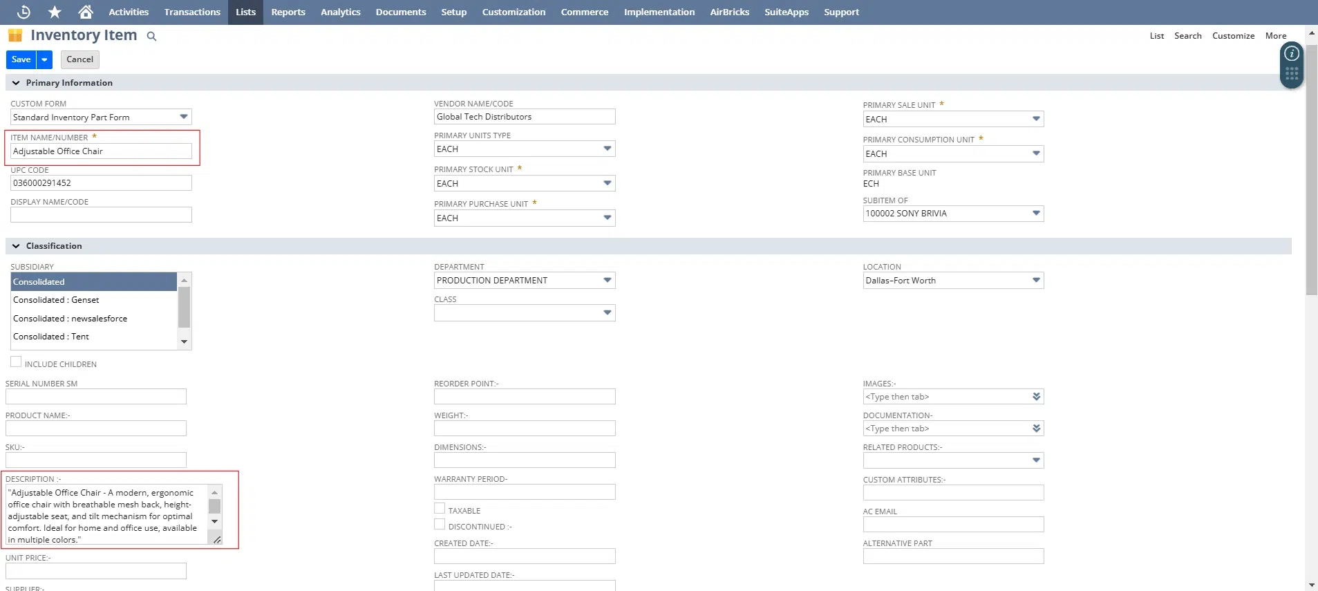 Define attributes like item name, number, description, vendor, tax schedule, etc.