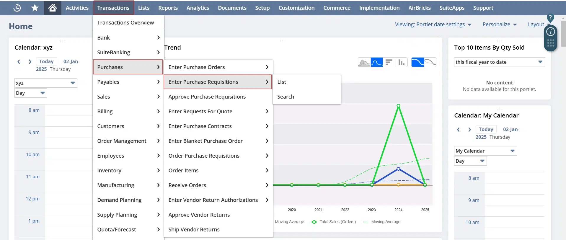 Go to Transactions > Purchases > Enter Requisition > New.