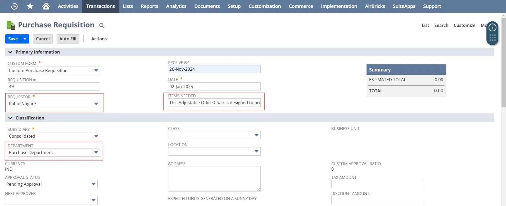 Fill in the necessary fields, such as the requestor’s name, department, and the items needed.