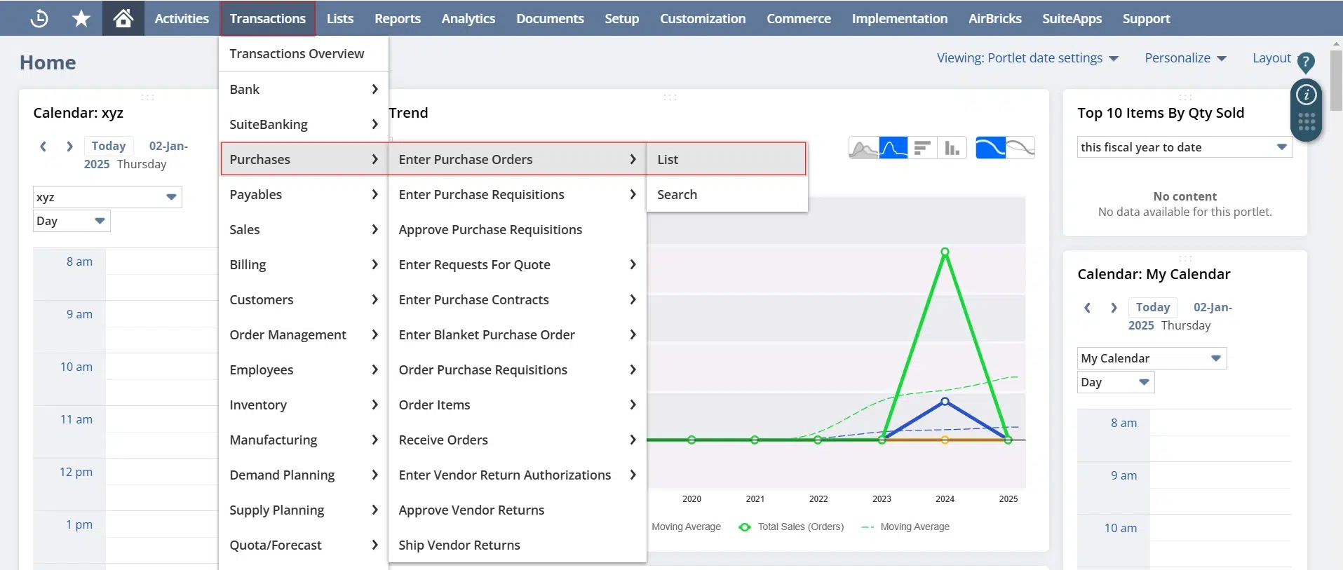Navigate to Transactions > Purchase > Enter Purchase Order > List.