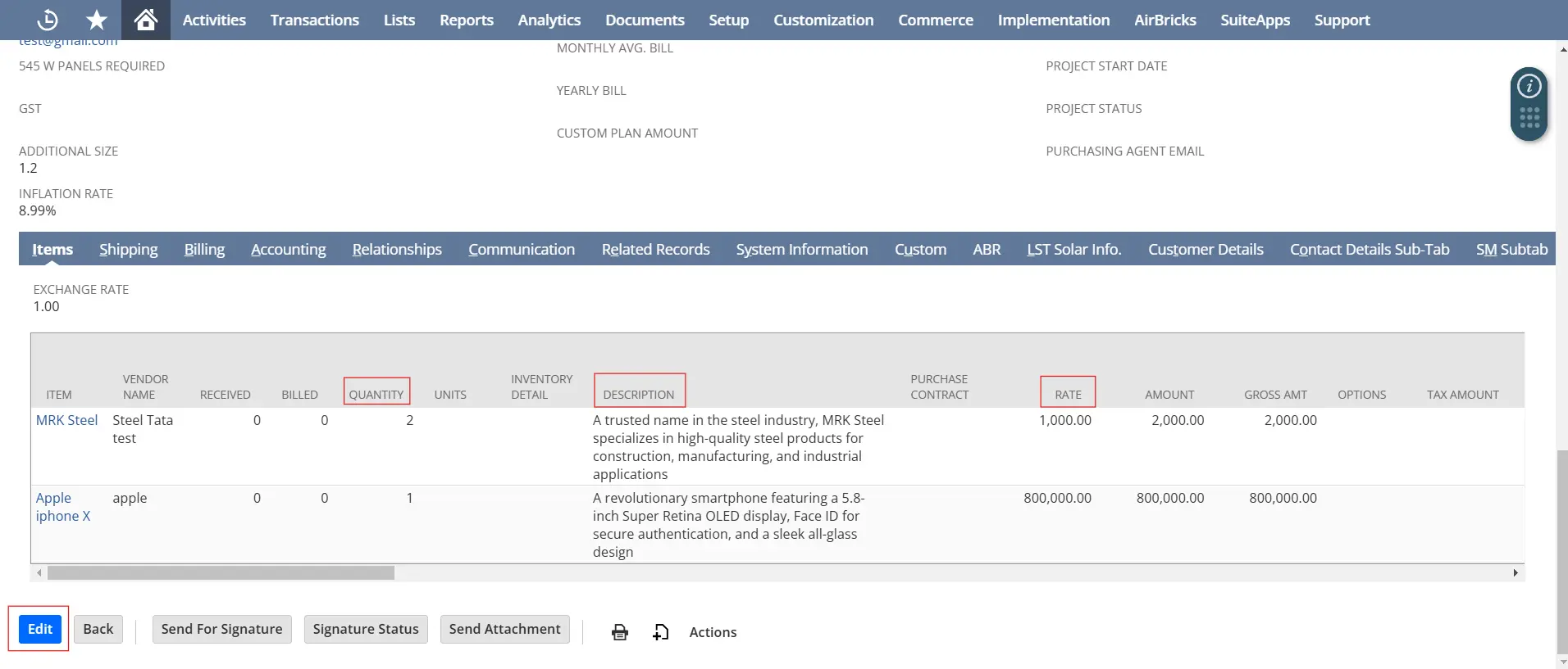 Editable Fields like quantity, price and description of Item.